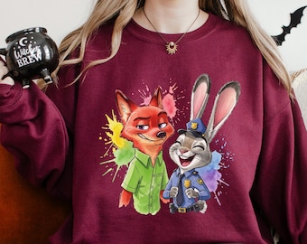 Disney Zootopia Characters Sweatshirt, Nick Wilde Judy Hopps Sweatshirt, Disney Family Trip Hoodie, Zootopia Watercolor Crewneck 274171