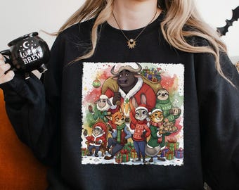 Zootopia Christmas Watercolor Sweatshirt, Zootopia Characters Christmas Hoodie, Disney Zootopia Christmas Party Crewneck 274165