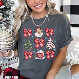 Red Coquette Christmas Shirt, Comfort Colors, Cute Xmas Bow Shirt, Women&#39;s Holiday Shirt, Retro Holiday Shirt, Christmas Party Tee 273734