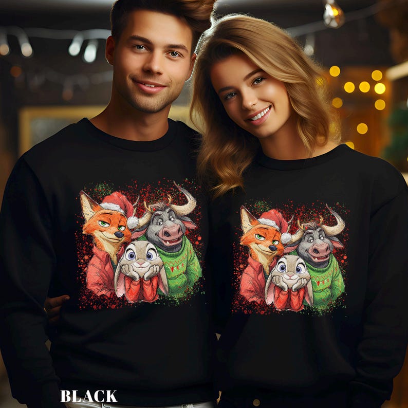 May include: Black sweatshirt featuring a colorful graphic of cartoon characters in Christmas attire. The design includes a fox, a bull, and a rabbit wearing Santa hats and sweaters. The word "BLACK" is printed at the bottom.
