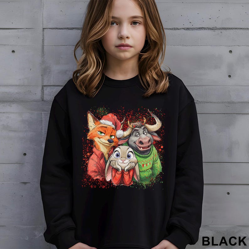 May include: Black sweatshirt featuring a colorful graphic of three cartoon characters: a fox in a Santa hat, a bunny, and a bull. The graphic has red and green accents. The word "BLACK" is printed in white at the bottom right.