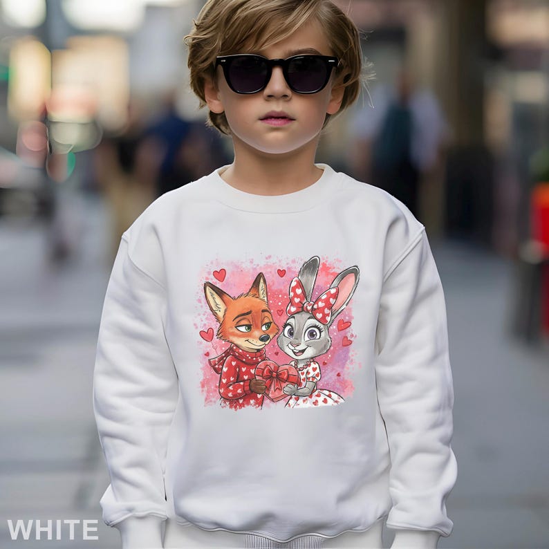 May include: White sweatshirt featuring a cartoon fox and bunny holding a heart-shaped gift box, surrounded by hearts. The fox wears a red scarf, and the bunny has a red bow. The word "WHITE" is printed at the bottom.