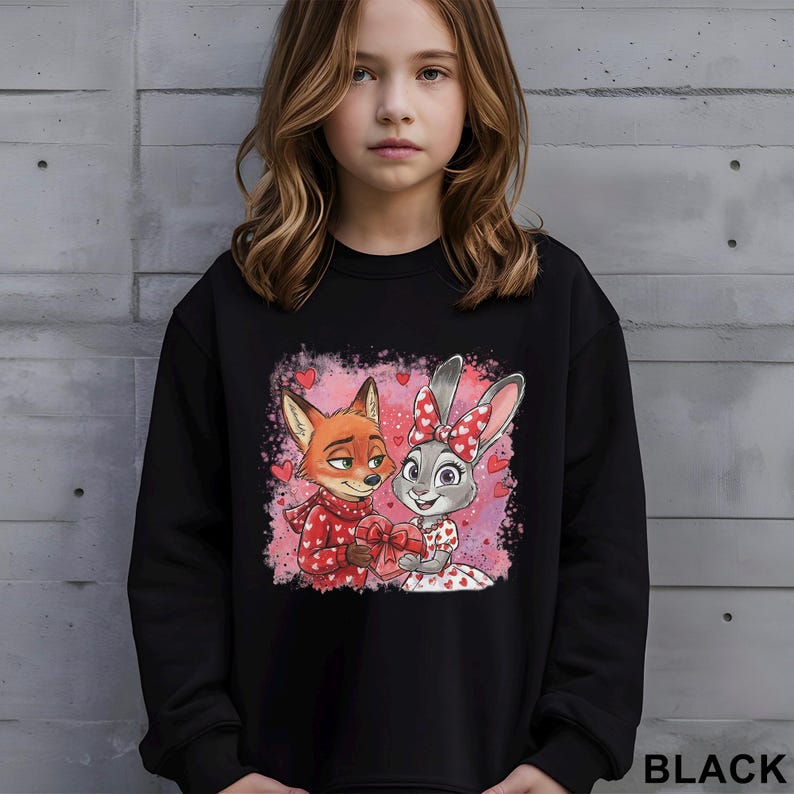 May include: Black sweatshirt featuring a cartoon fox and bunny holding heart-shaped gifts, surrounded by hearts. The fox wears a red scarf, and the bunny has a red bow. The word "BLACK" is printed at the bottom right.