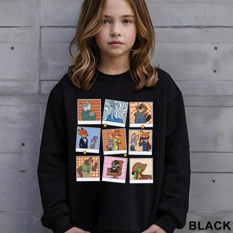 May include: Black sweatshirt featuring a collage of cartoon animal characters in polaroid-style frames. The design includes a fox in a tuxedo, a bunny, and other anthropomorphic animals. The word "BLACK" is printed at the bottom right.