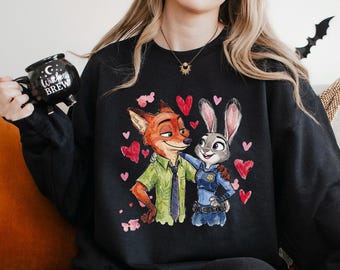 Watercolor Judy Hopps Nick Wilde Heart Sweatshirt, Valentine Zootopia Sweatshirt, Hearts Zootopia Hoodie, Disney Love Crewneck 274494