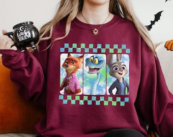 Checkered Disney Zootopia 2 Sweatshirt, Judy Hopps Nick Wilde Gary De'Snake Hoodie, Disneyland Zootopia Crewneck 274507