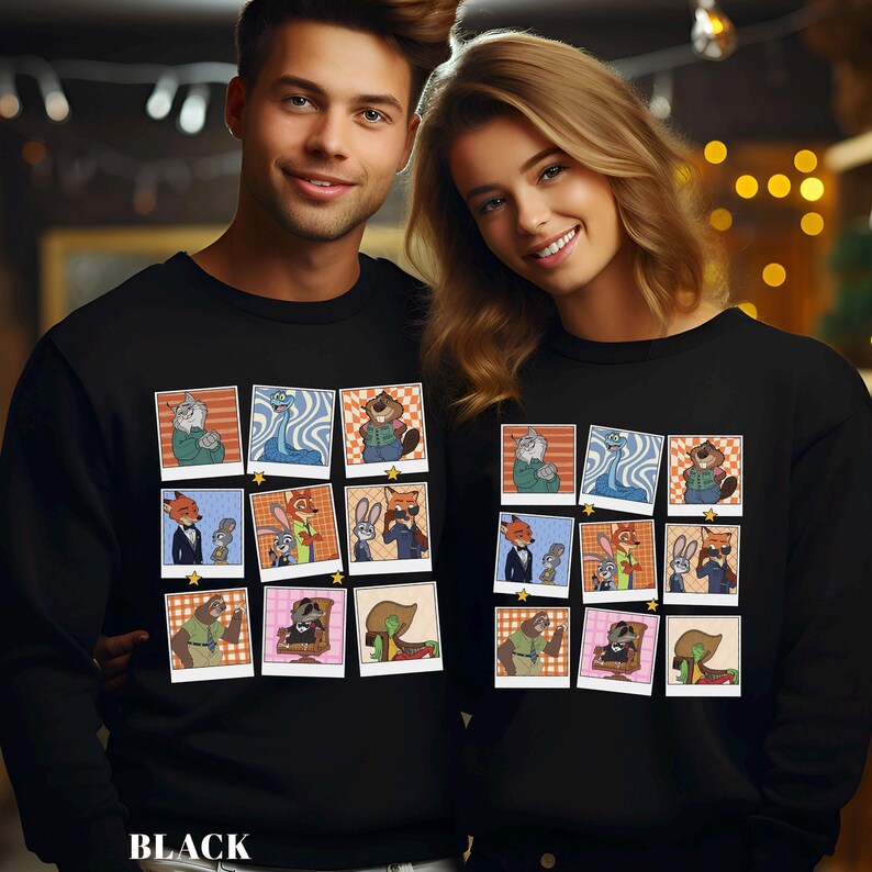 May include: Black sweatshirts featuring a grid of cartoon character portraits. Each portrait is framed with a checkered border and a gold star. The word "BLACK" is printed at the bottom of the sweatshirt.