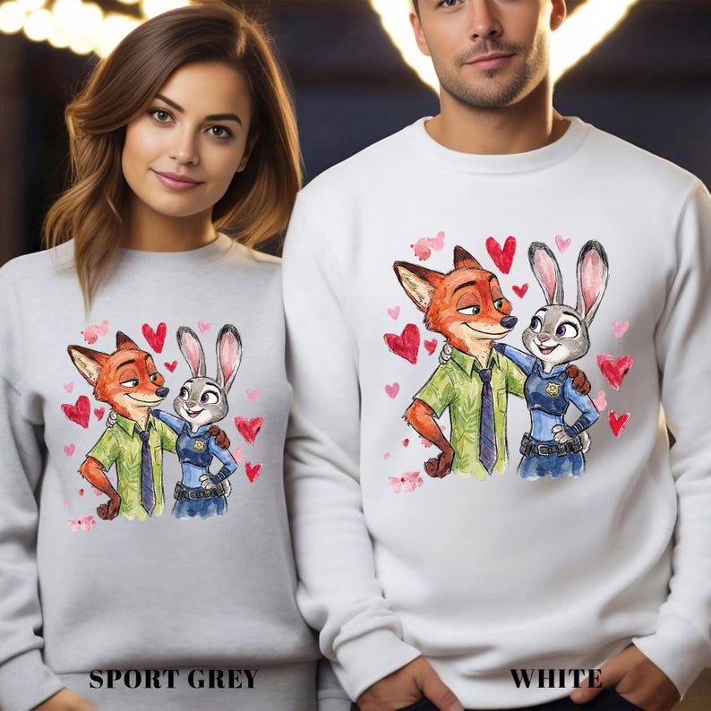 Pu&ograve; includere: Felpe grigio sport e bianche con un'illustrazione ad acquerello di Nick Wilde e Judy Hopps di Zootropolis, circondate da cuori rossi. Le felpe hanno le parole "SPORT GREY" e "WHITE" stampate in basso.