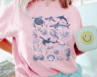Sea Animals Shirt, Comfort Colors, Sea Shell Beach Shirt, Summer Shirt, Ocean Lover Tee, Sea Animal Tee, Beach Woman Shirt 275869