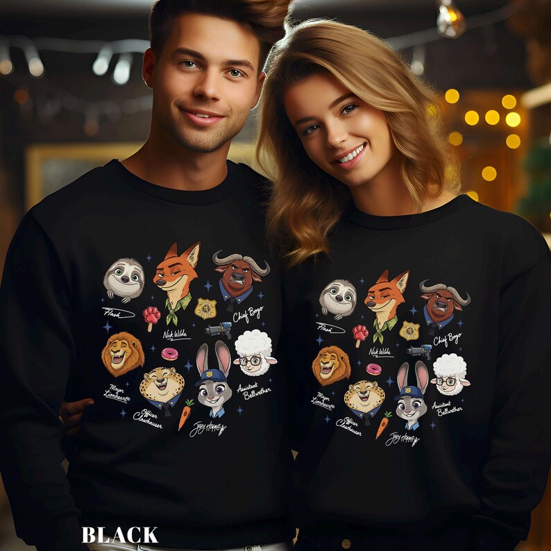 K&ouml;nnte beinhalten: Schwarze Sweatshirts mit einem farbenfrohen Cartoon-Charakter-Design. Das Design zeigt ein Faultier, einen Fuchs, einen B&uuml;ffel, einen L&ouml;wen, einen Geparden, ein Kaninchen und ein Schaf. Der Text "BLACK" befindet sich am unteren Bildrand.