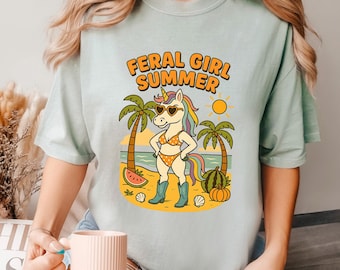Feral Girl Summer Shirt, Comfort Colors, Retro Unicorn Shirt, Funny Unicorn Summer Shirt, Beach Vacation Shirt, Feral Girl Summer Tee 275035