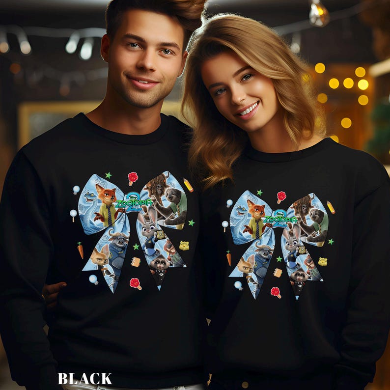 May include: Black sweatshirts featuring a colorful bow design with characters from the animated movie "Zootopia". The bow includes images of a fox, a bunny, and other animal characters. The word "Zootopia" is in the center of the bow.