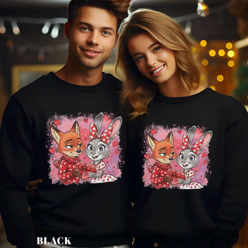 May include: Black sweatshirt featuring a cartoon fox and rabbit holding a heart-shaped gift. The fox wears a red scarf and the rabbit has a bow. The design is set against a pink background with hearts.