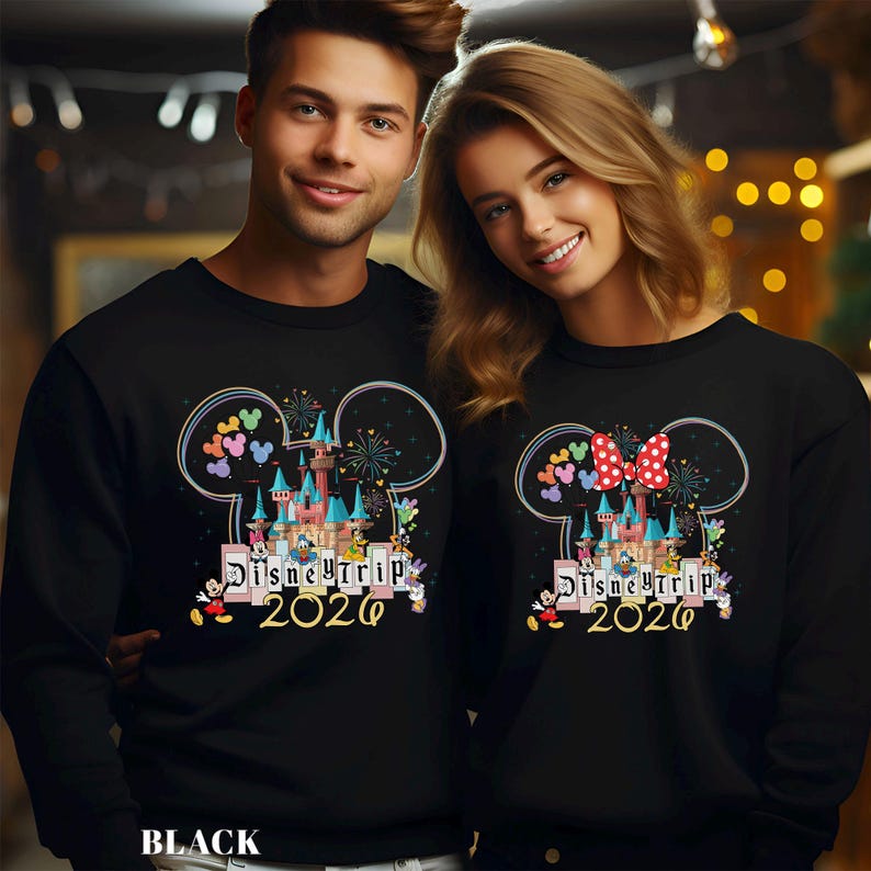 Puede incluir: Sudaderas negras con un dise&ntilde;o de Disney Trip 2020. El dise&ntilde;o presenta un castillo, orejas de Mickey Mouse, fuegos artificiales y corazones coloridos. Una sudadera tiene un lazo rojo de lunares. La palabra "BLACK" est&aacute; en la parte inferior.