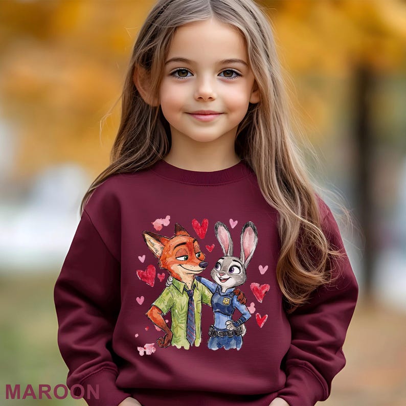 Pu&ograve; includere: Felpa bordeaux con una grafica di Nick Wilde e Judy Hopps di Zootropolis, circondati da cuori. La felpa &egrave; indossata da una persona giovane. La parola "MAROON" &egrave; stampata in basso.