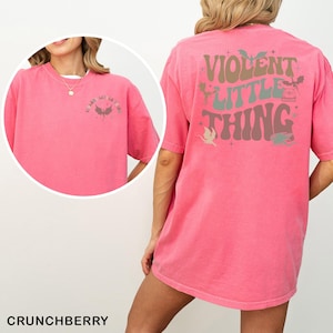May include: A pink t-shirt with the text "VIOLENT LITTLE THING" on the back in a retro font. The front of the shirt has the text "WE CAN BE ANYTHING" with a dragon graphic. The shirt is a solid color and has short sleeves.
