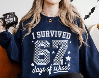 I Survived 67 Days of School Sweatshirt, Retro Checkered School Hoodie,School Celebration Sweatshirt,Six Seven Funny Student Crewneck 274409