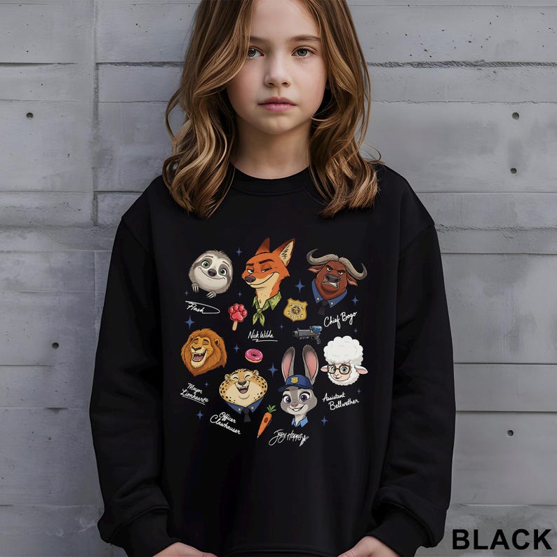 K&ouml;nnte beinhalten: Schwarzes Sweatshirt mit farbenfrohen Cartoon-Illustrationen von Charakteren aus dem Film Zootopia. Das Design umfasst Nick Wilde, Judy Hopps und andere Charaktere. Das Wort "BLACK" ist unten rechts aufgedruckt.