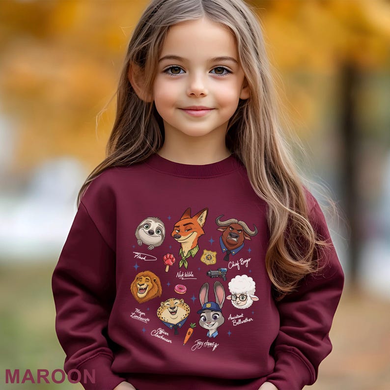 K&ouml;nnte beinhalten: Ein weinrotes Sweatshirt mit Zeichentrickfiguren aus dem Film Zoomania. Das Design umfasst Bilder von Flash, Nick Wilde, Chief Bogo, Judy Hopps und anderen. Das Wort "MAROON" ist unten aufgedruckt.