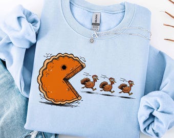 Funny Pie Eating Turkey Sweatshirt, Arcade Pacman Style Thanksgiving Shirt, Pumpkin Pie Chasing Turkeys Hoodie, Hilarious Fall Sweater