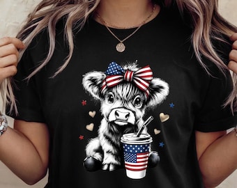 Highland Cow 4th of July Shirt,Patriotic Cow Tee,American Flag Bow Cow Sweatshirt,Cute Farm Animal Independence Day Shirt,USA Holiday Tee