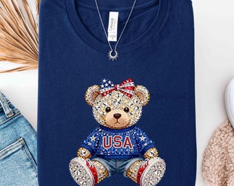 Coquette USA Teddy Bear Shirt, Patriotic Animal Tee, Red White and Blue Tee, 4th of July Teddy Bear Shirt, Cute USA Independence Day Shirt
