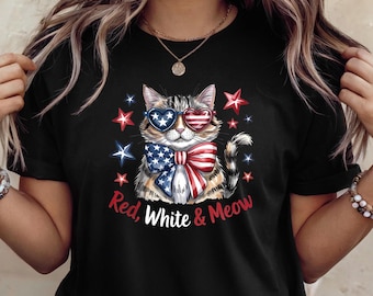 4th of July Red White And Meow Shirt,Patriotic Cool Cat Bow Sweatshirt,Funny Cat T-Shirt,Cat Lover Tee,Independence Day Tee, Cat Mom Gift