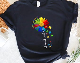 Choose Kind Rainbow Flower T-shirt, Autism Awareness Shirt, Neurodiversity Puzzle Piece Tee, Autism Acceptance Gift, Autism Month Shirt