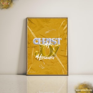 Christ My Joy My Strength Jesus Wall Art Yellow Typography Poster Nehemiah 8:10 Bible Verse Art Interior Decor Modern Christian Art