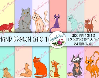 Digital Paper Pack Hand Drawn Cats