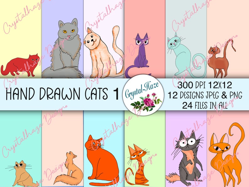 Digital Paper Pack Hand Drawn Cats image 1