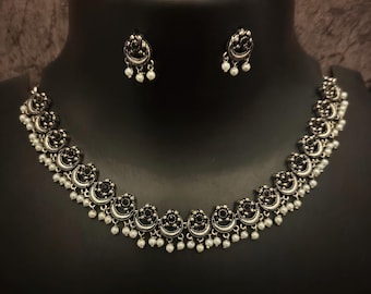 Silver Plated Hand Crafted Necklace - Indian Choker Necklace - German Silver Necklace Ethnic Jewelry - Boho Tribal Oxidized Jewelry