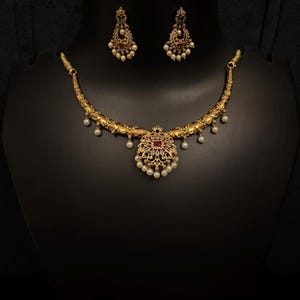 Antique Gold Plated Indian Jewelry Set, Indian Choker, CZ Necklace, Ruby Necklace, Earrings, Temple Jewelry, South Indian Jewelry