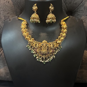 Antiker Gold überzogener indischer Schmuck-Set, indischer Choker, CZ Halskette, Guttapusalu Halskette, Ohrringe, Tempelschmuck, südindischer Schmuck