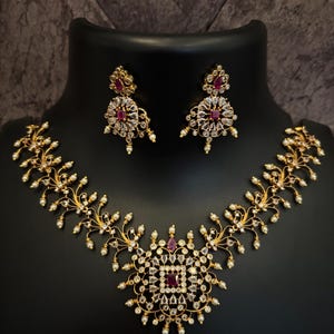 Antique Gold Plated Indian Jewelry Set, Indian Choker, CZ Necklace, Ruby Necklace, Earrings, Temple Jewelry, South Indian Jewelry