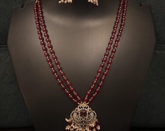 ロングポルキネックレス - ゴールドプリーツマルーンクンダンジュエリーセット - Rani Haar - インドのロングネックレス - パキスタンジュエリー-インドのジュエリー