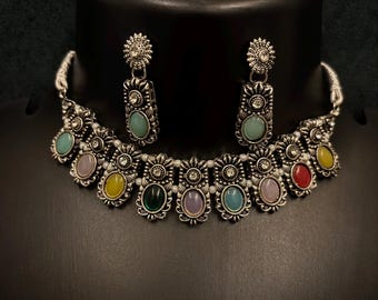 Silver Plated Hand Crafted Necklace - Indian Choker Necklace - German Silver Necklace Ethnic Jewelry - Boho Tribal Oxidized Jewelry