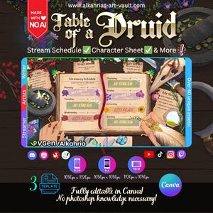 May include: A digital graphic template titled Table of a Druid featuring a central open book with a weekly streaming schedule, character sheet sections, and decorative elements like a mortar and pestle, quill, and skull, all editable in Canva.