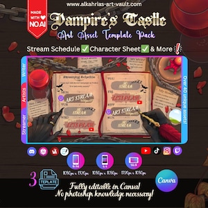 May include: A digital art asset template pack titled "Vampire's Castle" with a stream schedule theme. The image features a central template with a schedule layout, surrounded by additional assets, icons, and text. The pack includes character sheets and more.