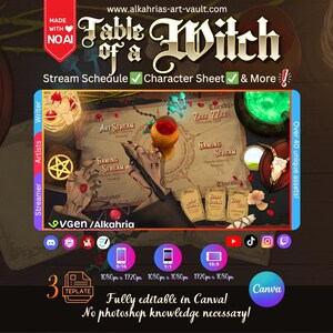 NoAi! - TABLE of a WITCH - Artwork Pack / f.e Stream Schedule [ 3 x CANVA Templates]
