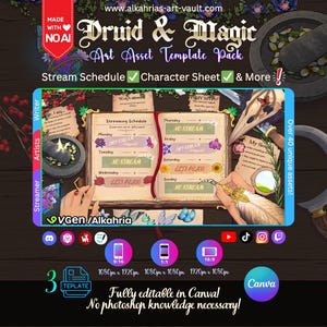 May include: A digital art asset template pack titled "Druid & Magic" with a stream schedule, character sheet, and more. The design features an open book, feathers, and floral elements. The template is fully editable in Canva.