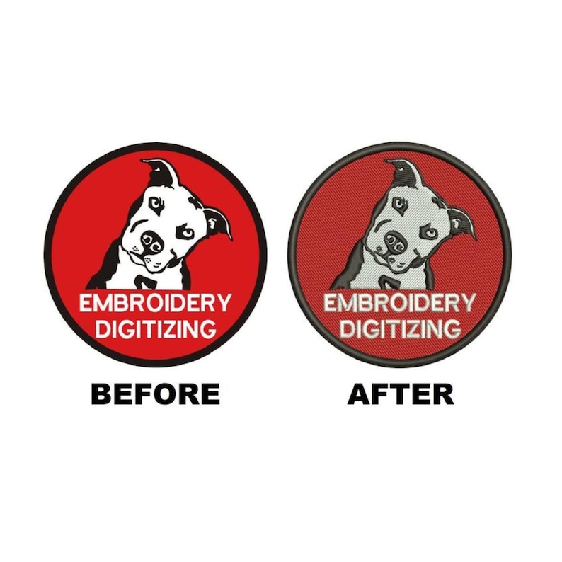 May include: Before and after images of a red and white embroidered patch with a dog's head and the text "Embroidery Digitizing".