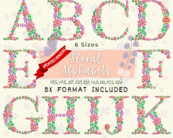 A to Z Floral Embroidery, Flower Font Alphabet, Machine Embroidery Designs, Uppercase Letters, BX Format, PES DST, 6 sizes, Instant Download