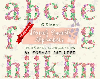 Machineborduurontwerpen met bloemenalfabet, kleine letters (direct downloaden)