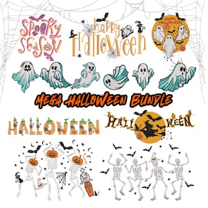 May include: A digital embroidery design bundle featuring Halloween-themed images. The designs include ghosts, bats, pumpkins, skeletons, and the text "Spooky Season", "Happy Halloween", and "Halloween".