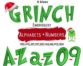 Bundel met Grinch-borduurlettertype: kerstletters, cijfers (6 maten) (direct downloaden)