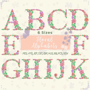 Bordado floral de A a Z, desenhos de bordado à máquina com alfabeto de fonte de flor, letras maiúsculas, botânico PES DST 6 tamanhos - Download instantâneo
