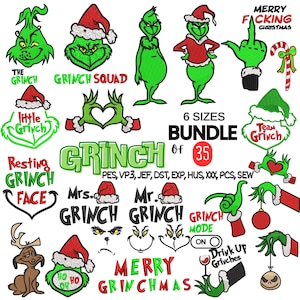 May include: A collection of Grinch-themed embroidery designs. The designs include various Grinch characters, phrases like "Grinch Squad," and Christmas-related elements. The designs are in green, red, and white.
