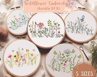 Wildflower Meadow Machine Embroidery Design, Boho Flower, Wildflower Embroidery Bundle, Cottage core Wild Flowers, 5 Sizes, Instant Download