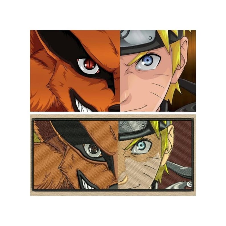 May include: Two images of Naruto Uzumaki and the nine-tailed fox, Kurama. The top image is a cartoon style illustration, while the bottom image is a more realistic embroidered patch.
